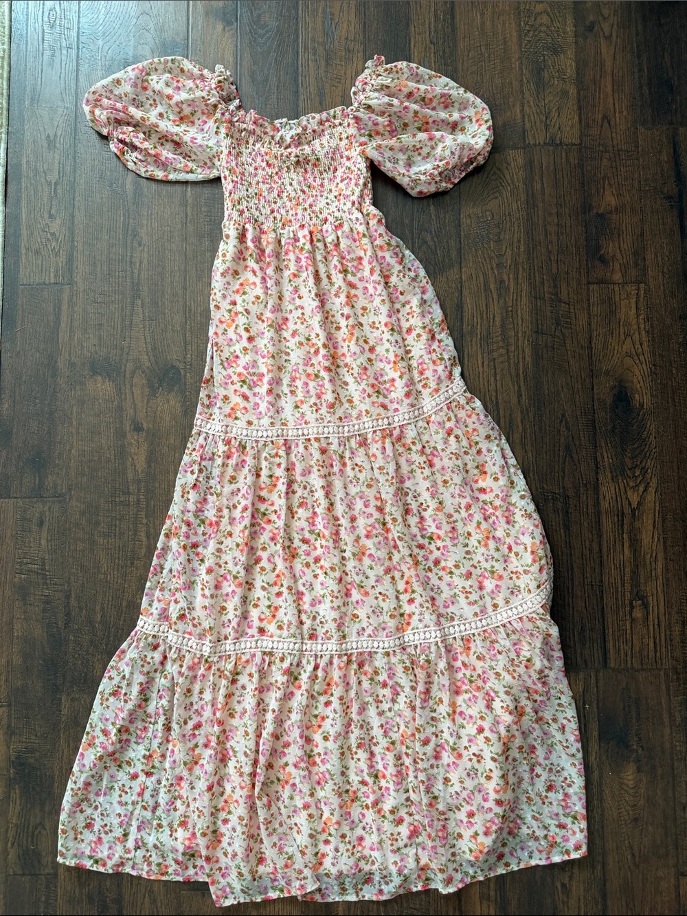 Chelsea28 Cream Maxi Dress with Pink Floral Print and Puff Sleeves